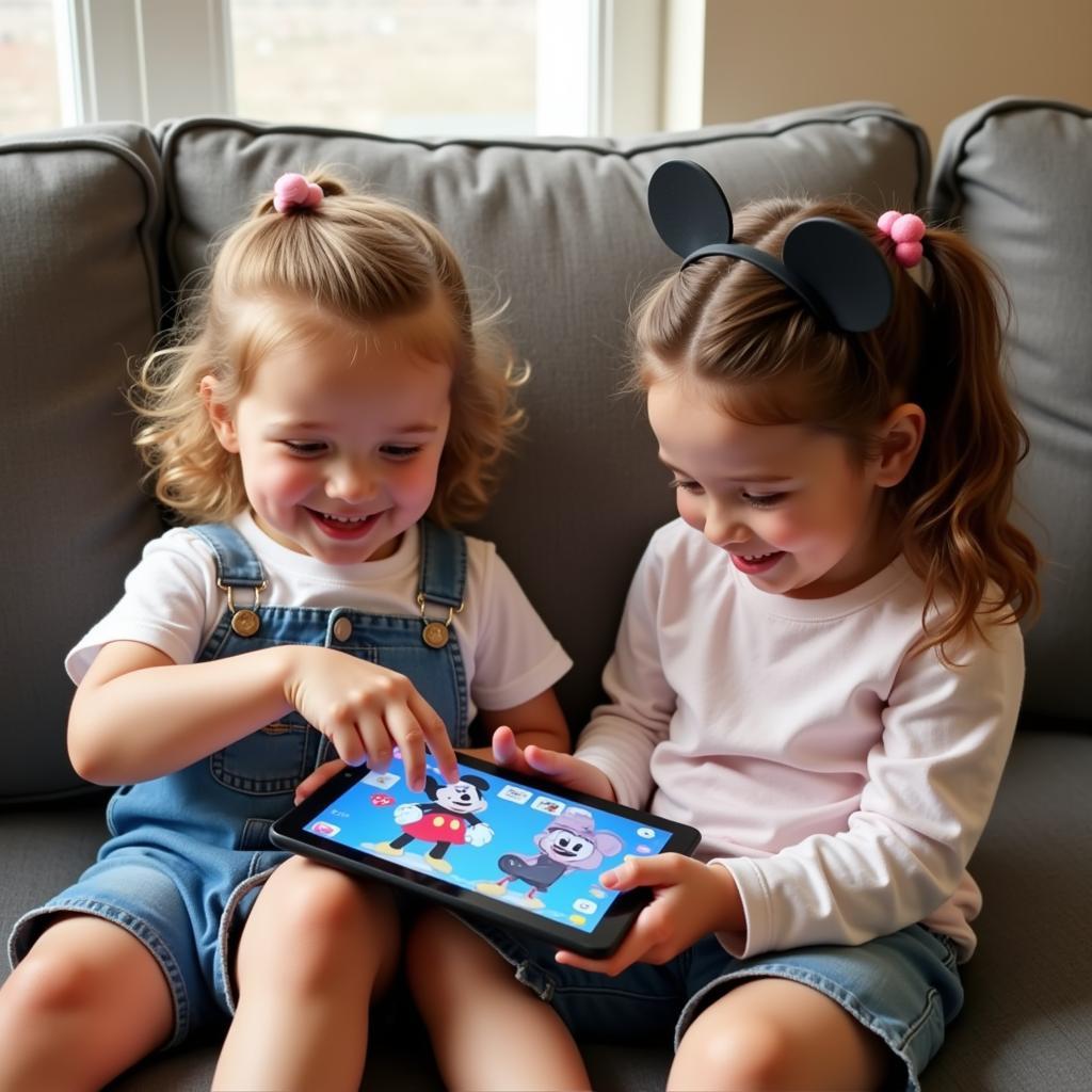 Kids Playing Mickey Mouse Dress Up Game on Tablet