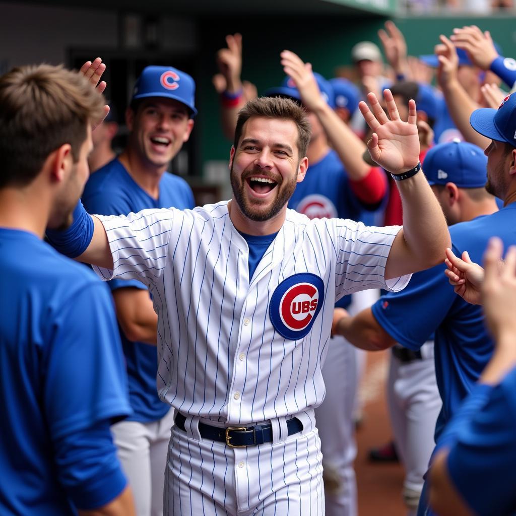 Kyle Schwarber celebrating a win in his Cubs jersey