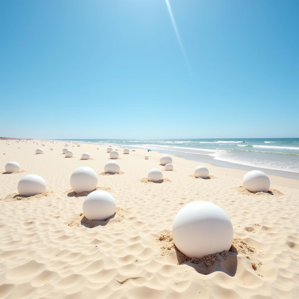 Large white beach balls scattered on a sunny beach.