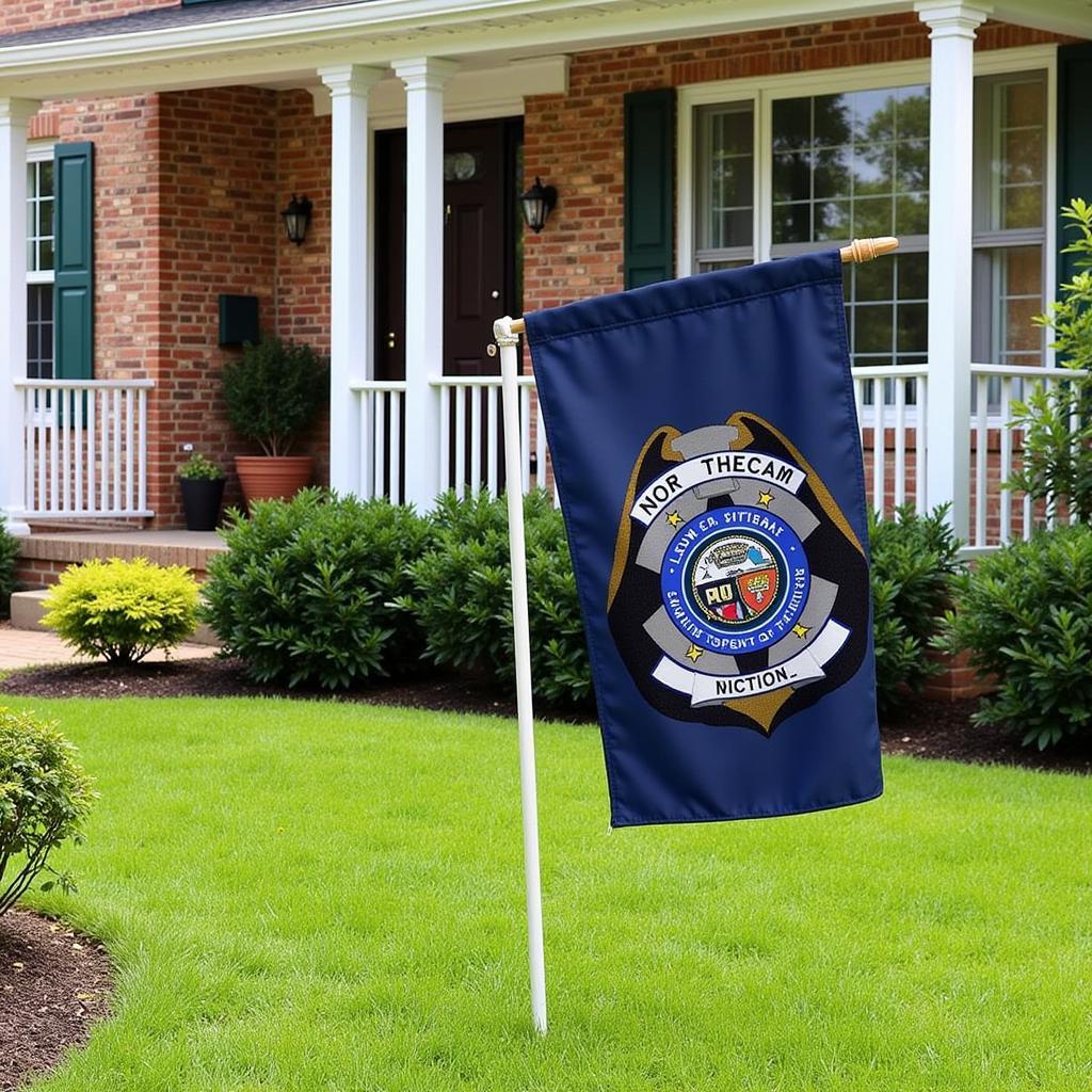 A law enforcement garden flag displayed respectfully in a well-maintained front yard.