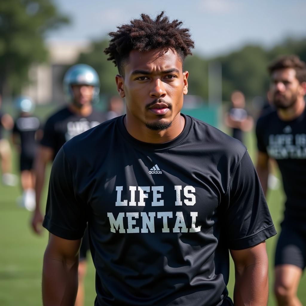 A football player wearing a "Life is Mental" shirt during training, focused and determined.