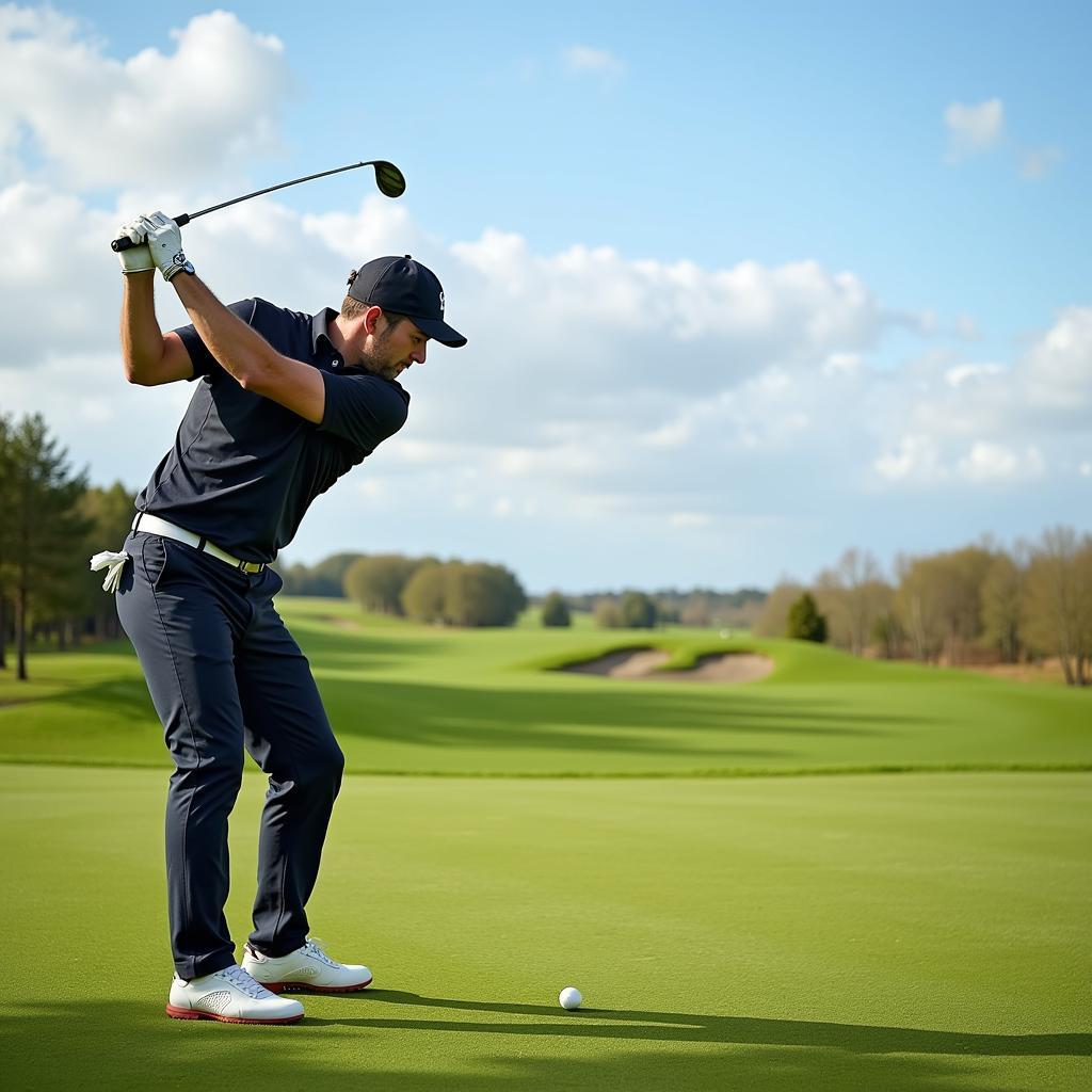 Golfer adjusting his stance due to strong wind conditions