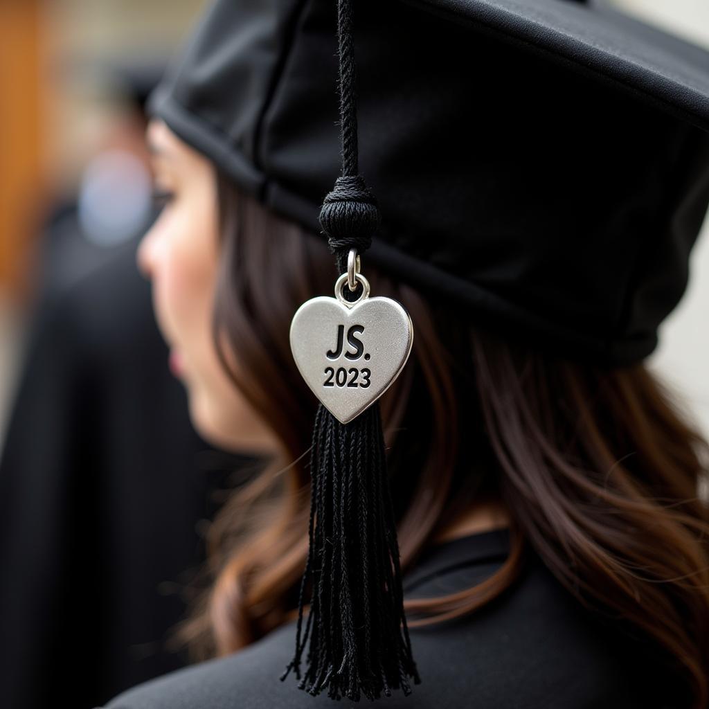 Memorial tassel with a heart-shaped charm engraved with initials