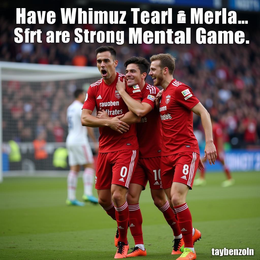 A football player celebrating a goal with teammates, highlighting the positive impact of mental strength.