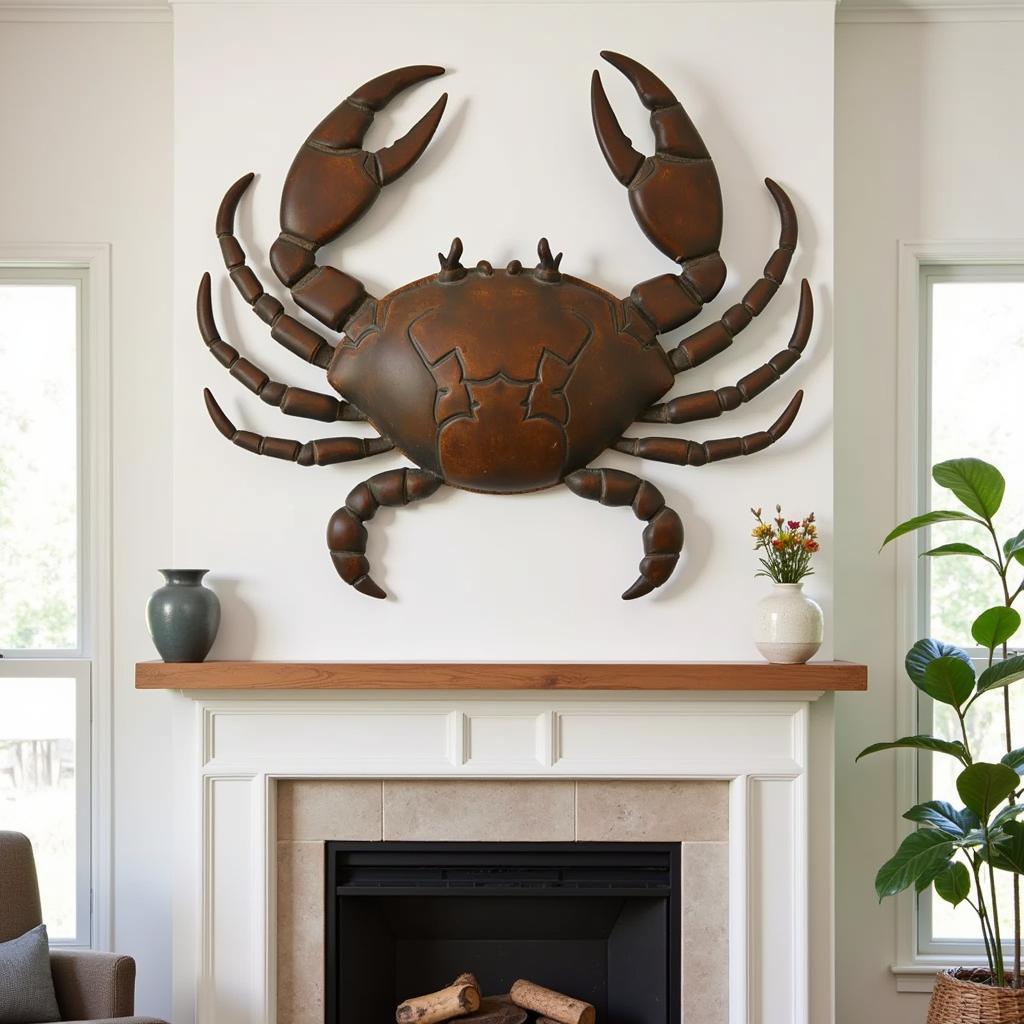 Metal crab wall art adds a coastal touch to a living room.