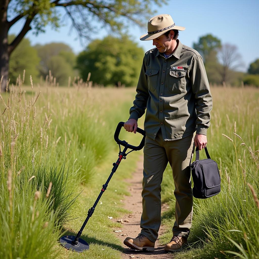 Metal Detectorist Using a Finds Pouch in the Field