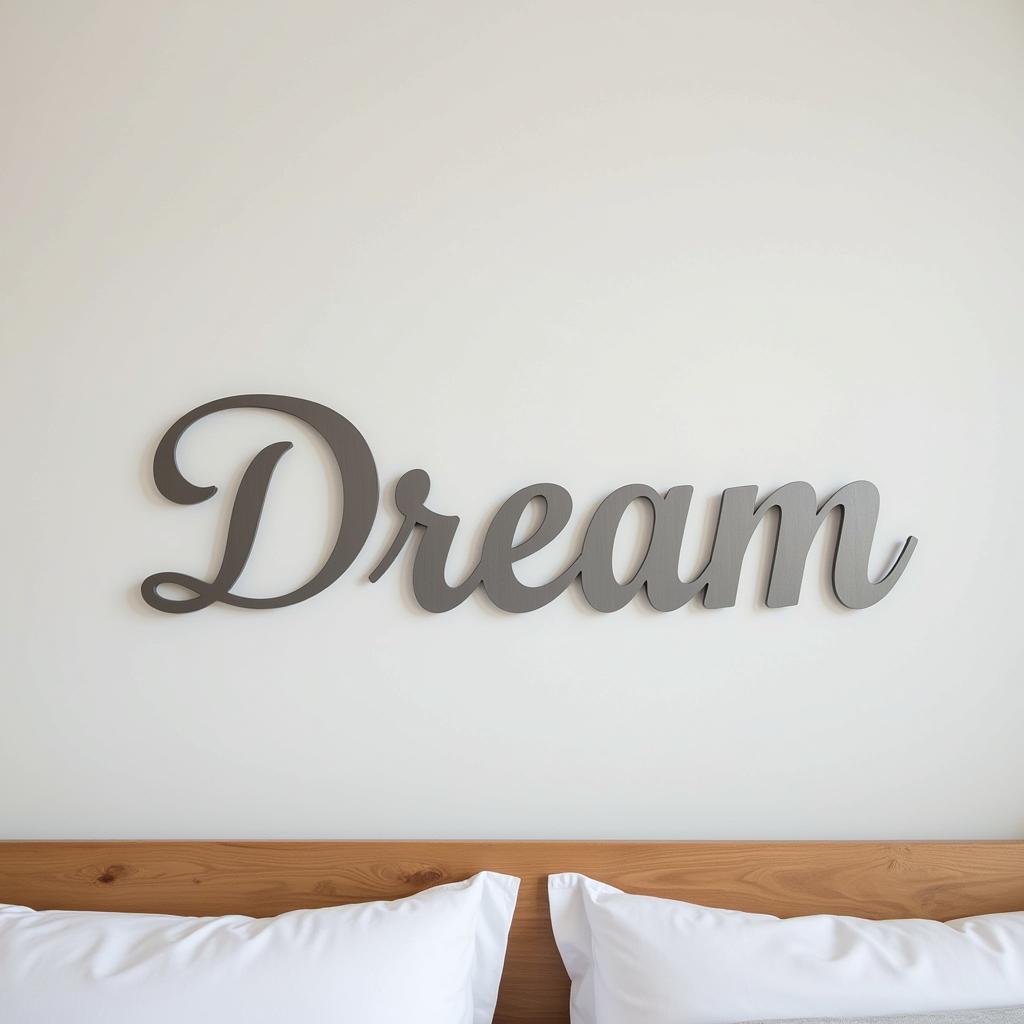 A metal word sign above a bed adds a personal touch