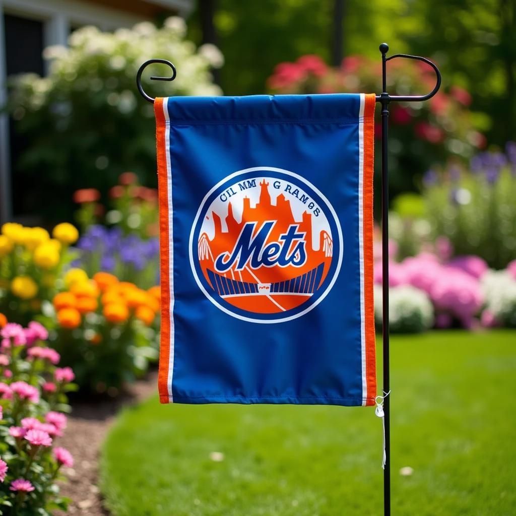 Mets garden flag waving proudly in a garden, showcasing team spirit and vibrant colors.