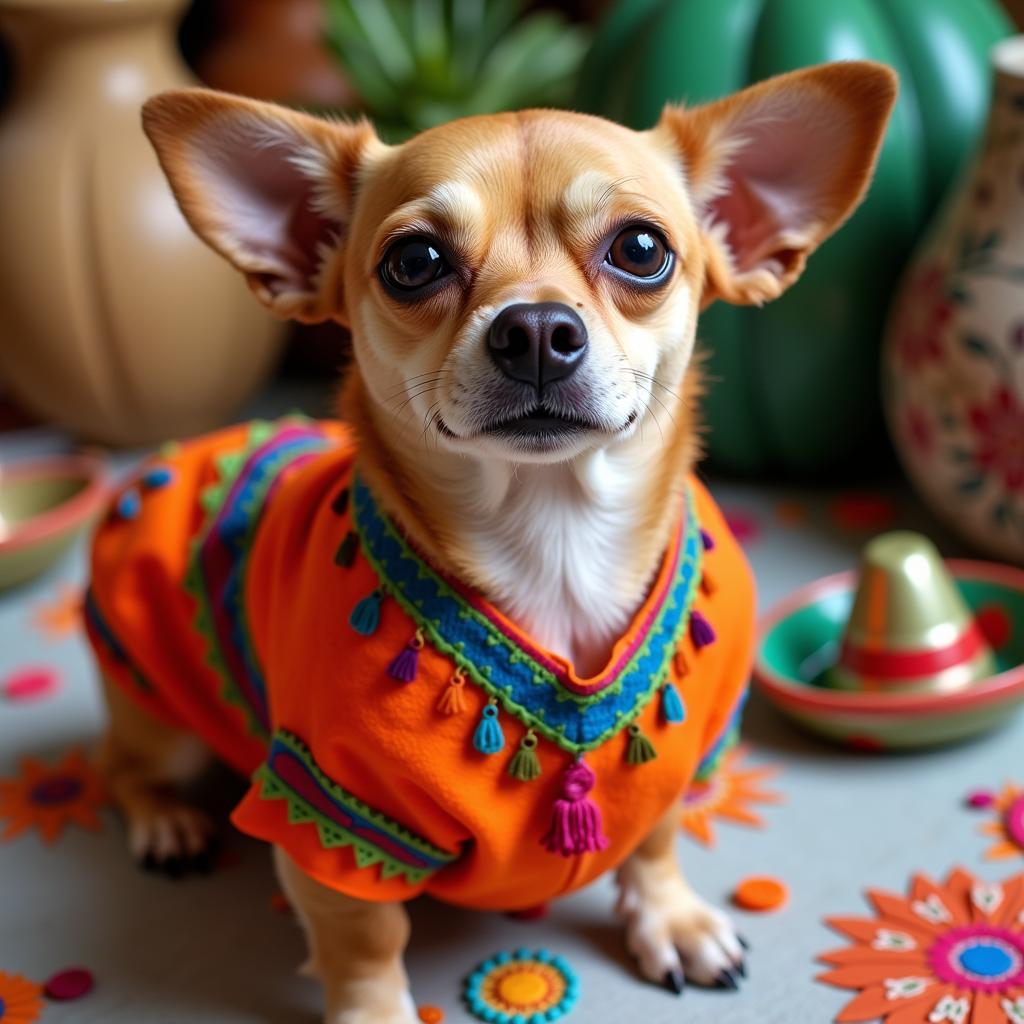 A chihuahua proudly wearing a vibrant, colorful Mexican dog dress during a Cinco de Mayo fiesta.