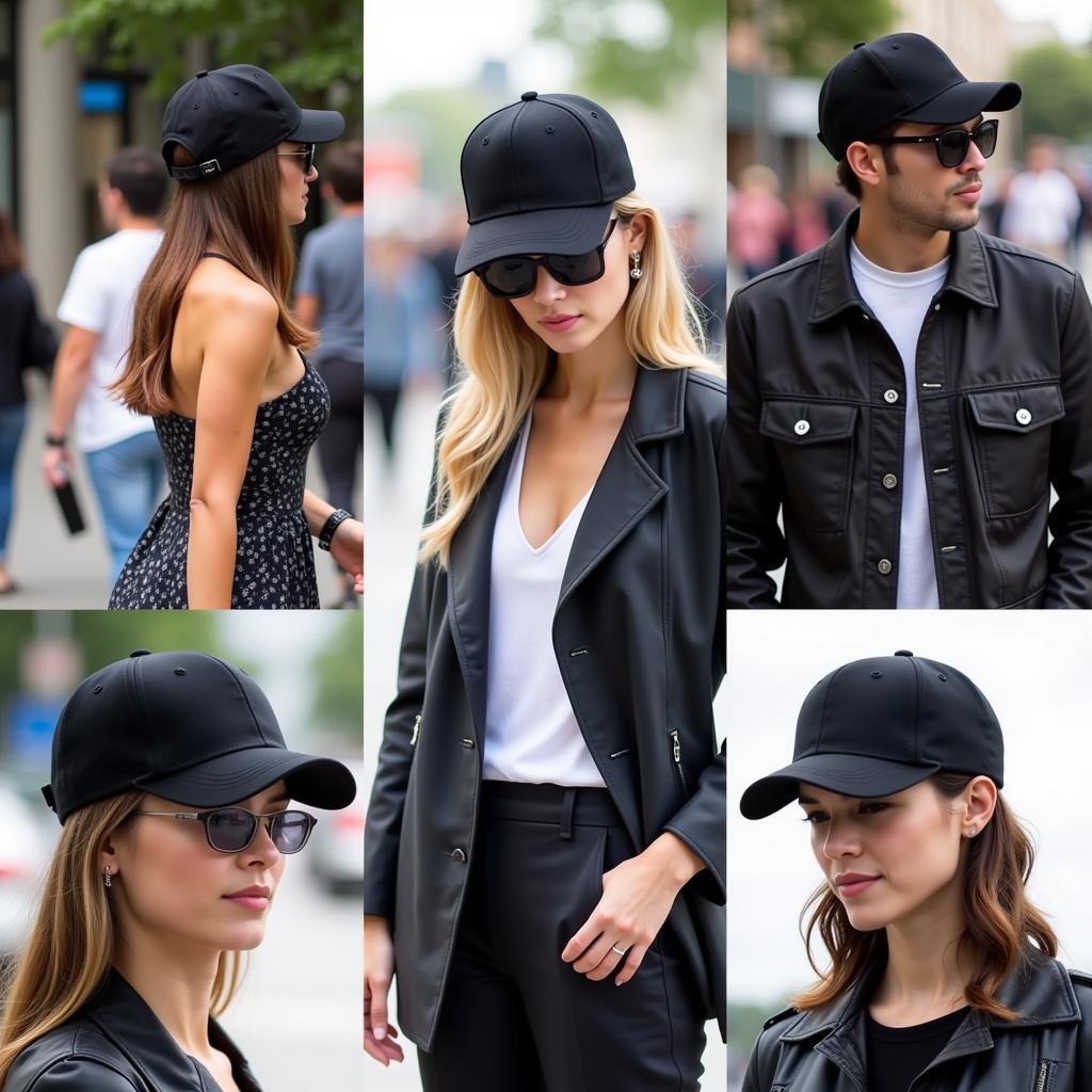 People wearing mexico baseball hats all black in various street style settings.