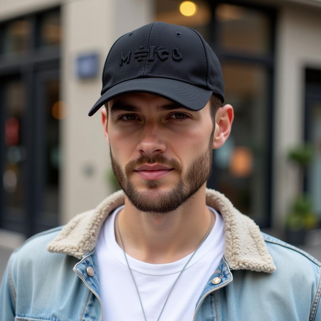 A stylish man wearing a mexico black baseball hat with a casual outfit.