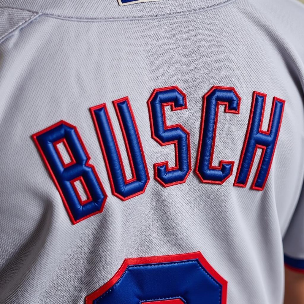 Close-up of a Michael Busch Cubs jersey, showcasing the stitching, fabric, and details of the name and number.