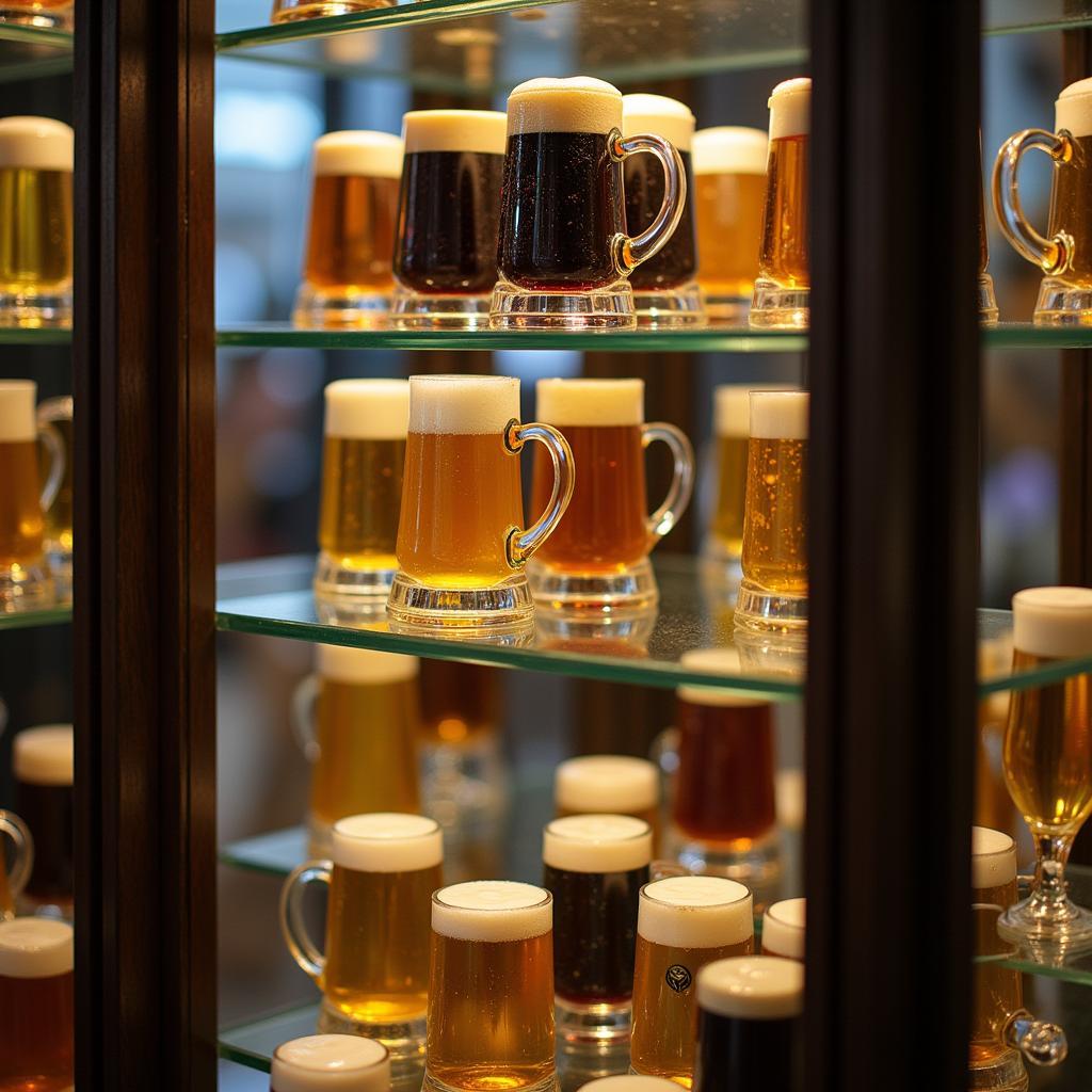 Miniature Beer Mugs Displayed in a Glass Case