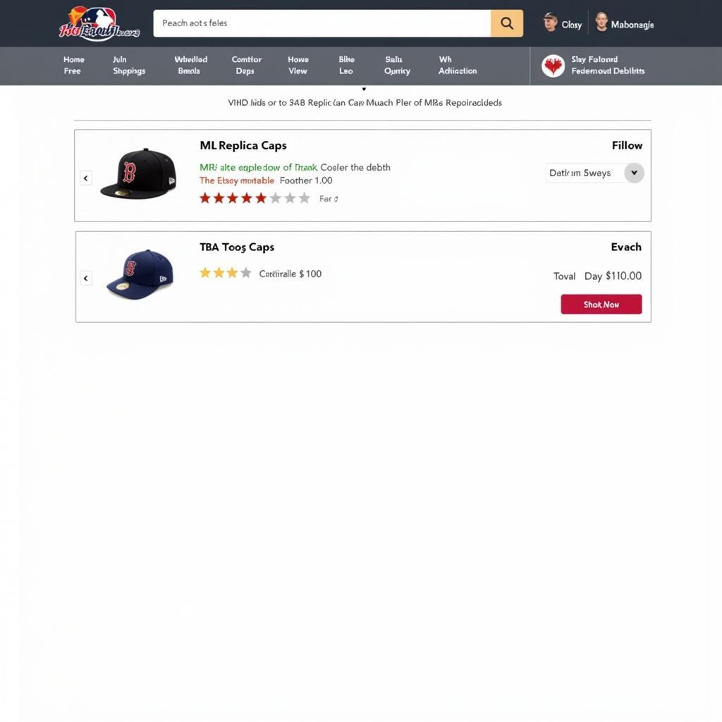 Screenshot of an online store selling MLB replica caps.