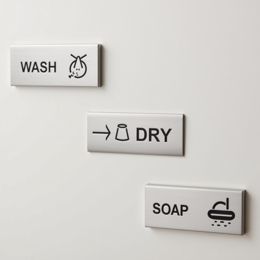 Modern metal bathroom plaques with minimalist designs.