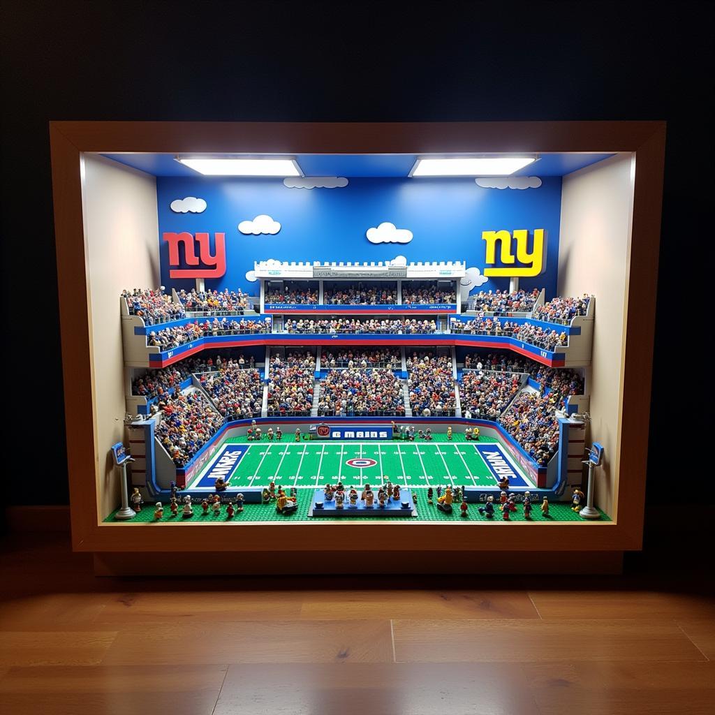 Display Case Featuring New York Giants Lego Creations