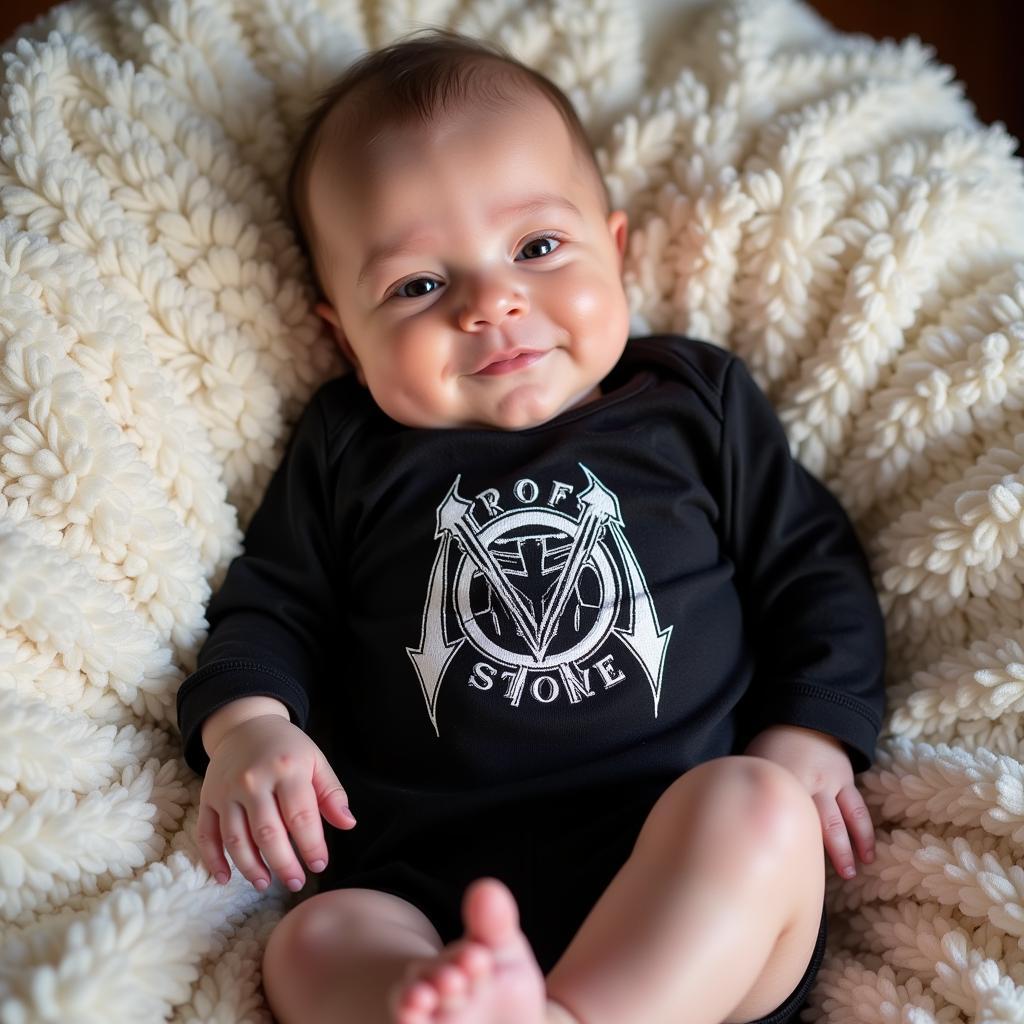 Newborn baby wearing a metal band onesie