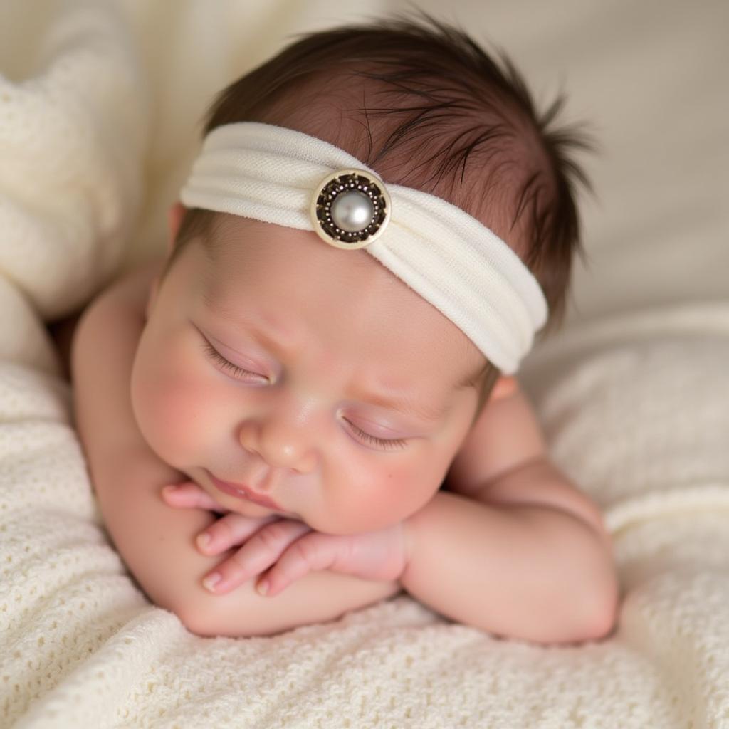 Newborn baby wearing a metal headband