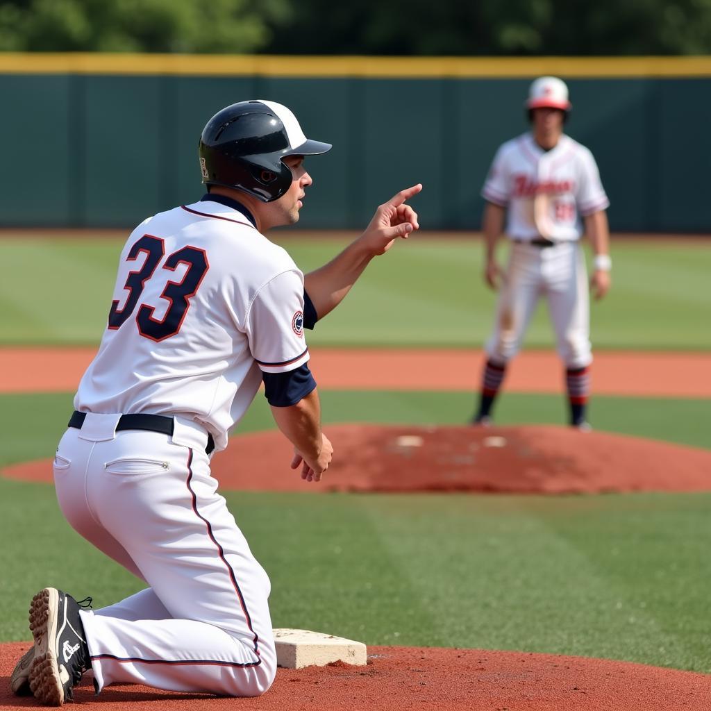 Base coach wearing a one ear baseball helmet while giving signals