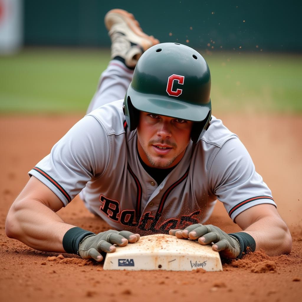 Baseball player sliding into base while wearing a one ear helmet