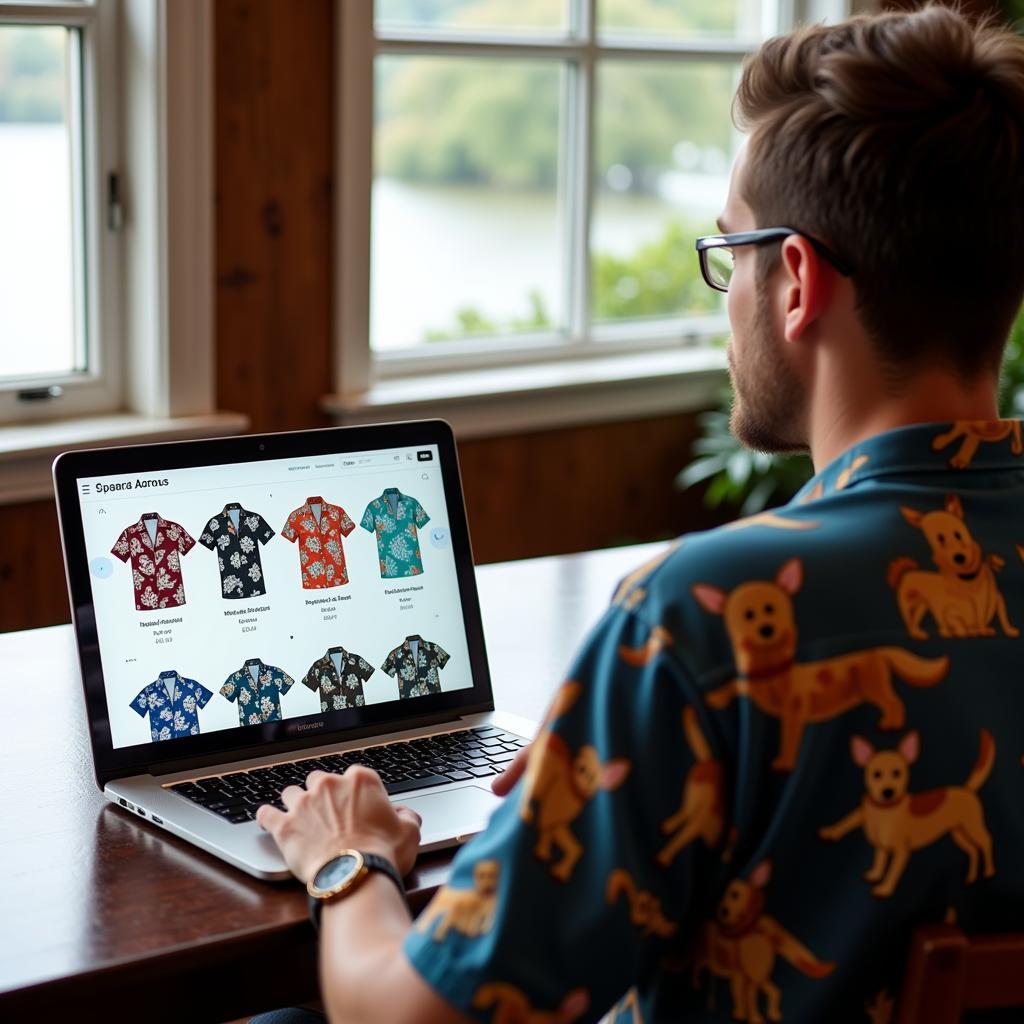 Person shopping for dog-themed Hawaiian shirts on a laptop