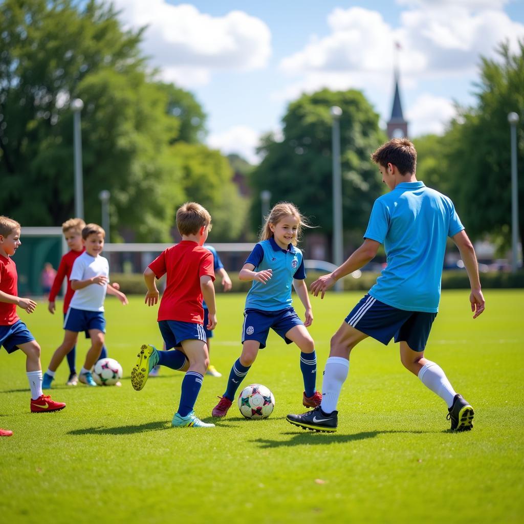 Young footballers practicing drills on a sunny field