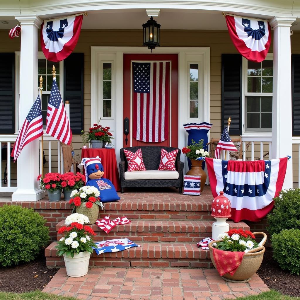 A patriotic display featuring flags, banners, and other decorative items.