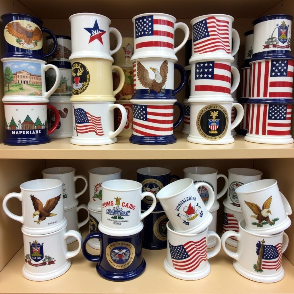 A collection of various patriotic mugs showcasing different designs, colors, and styles.