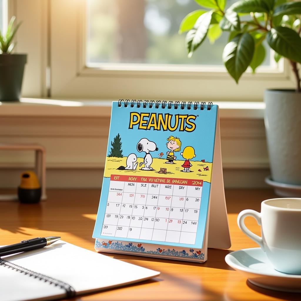 Peanuts Mini Day-to-Day Calendar 2024 on a Desk