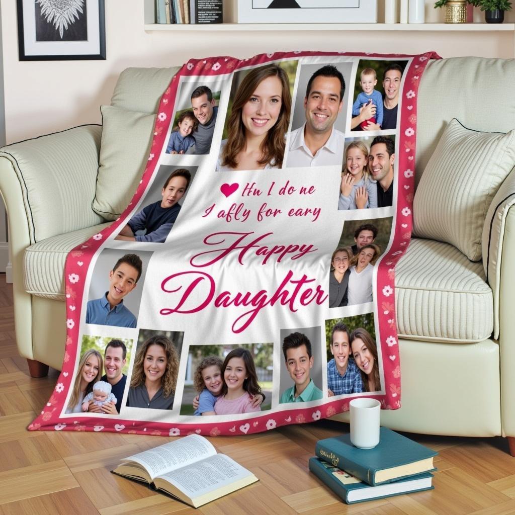 A customized daughter throw blanket featuring a collage of family photos.