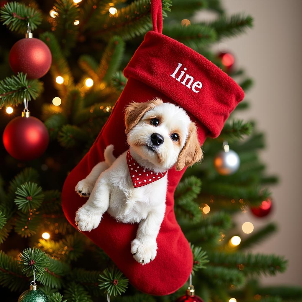 A personalized dog stocking hanging on a Christmas tree alongside other ornaments.