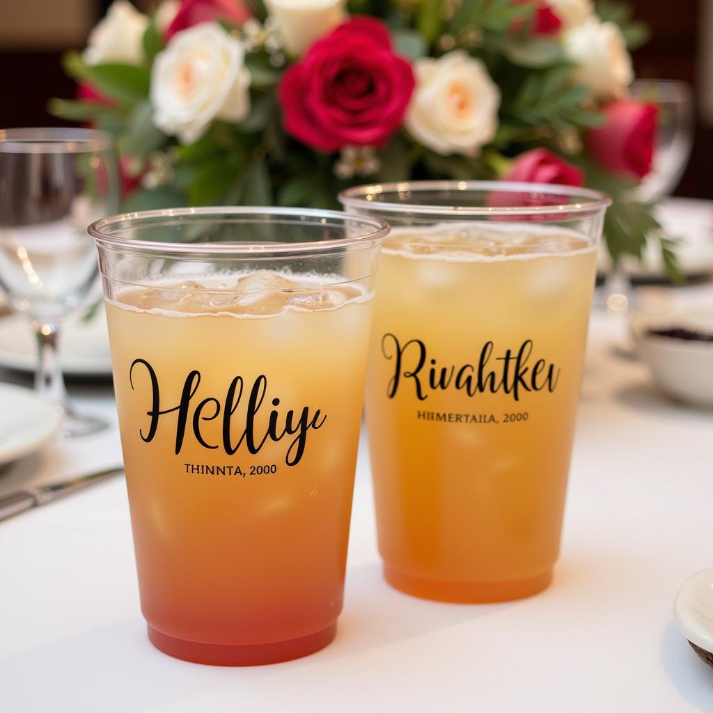 Customized plastic wedding cups featuring the couple's names and wedding date.