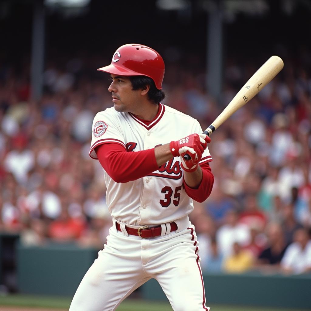 Pete Rose in action wearing his iconic Cincinnati Reds jersey.