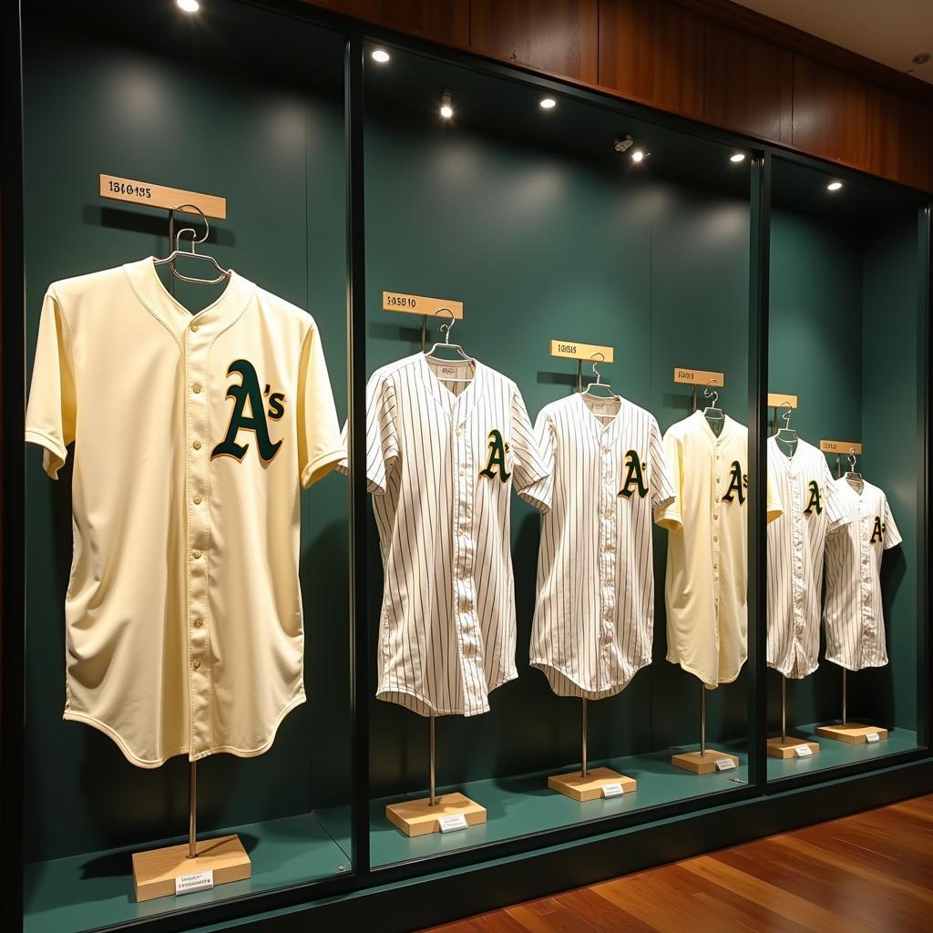 A collection of Philadelphia Athletics jerseys from different eras, showcasing the evolution of the team's uniform.