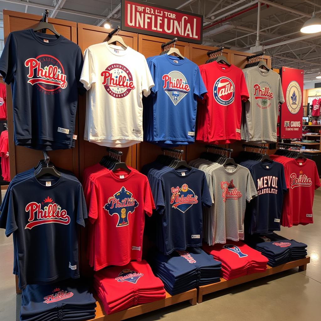 A vibrant display of Philly sports tee shirts in a retail store setting, showcasing the variety of options available