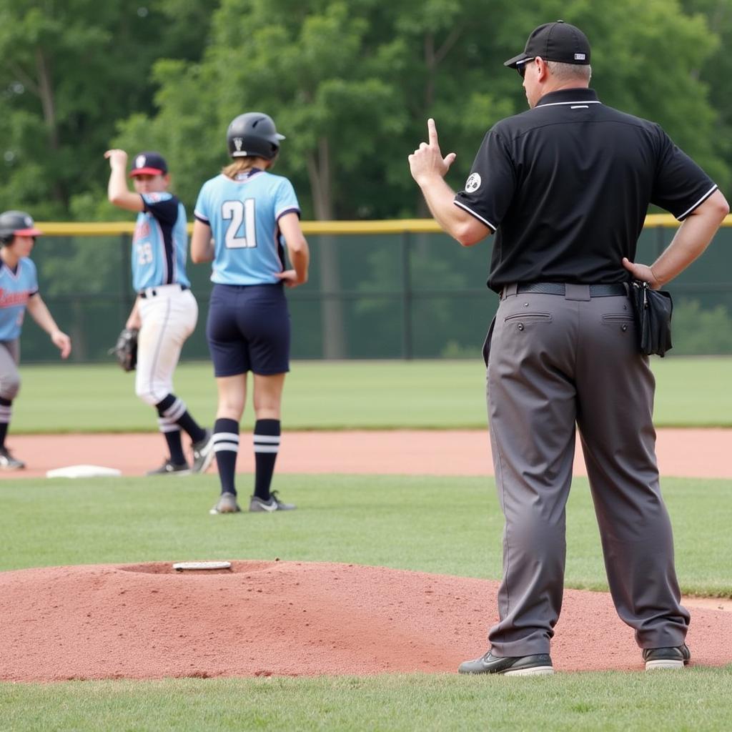 Pic of Dixie Softball Tournament Umpire Calling a Play