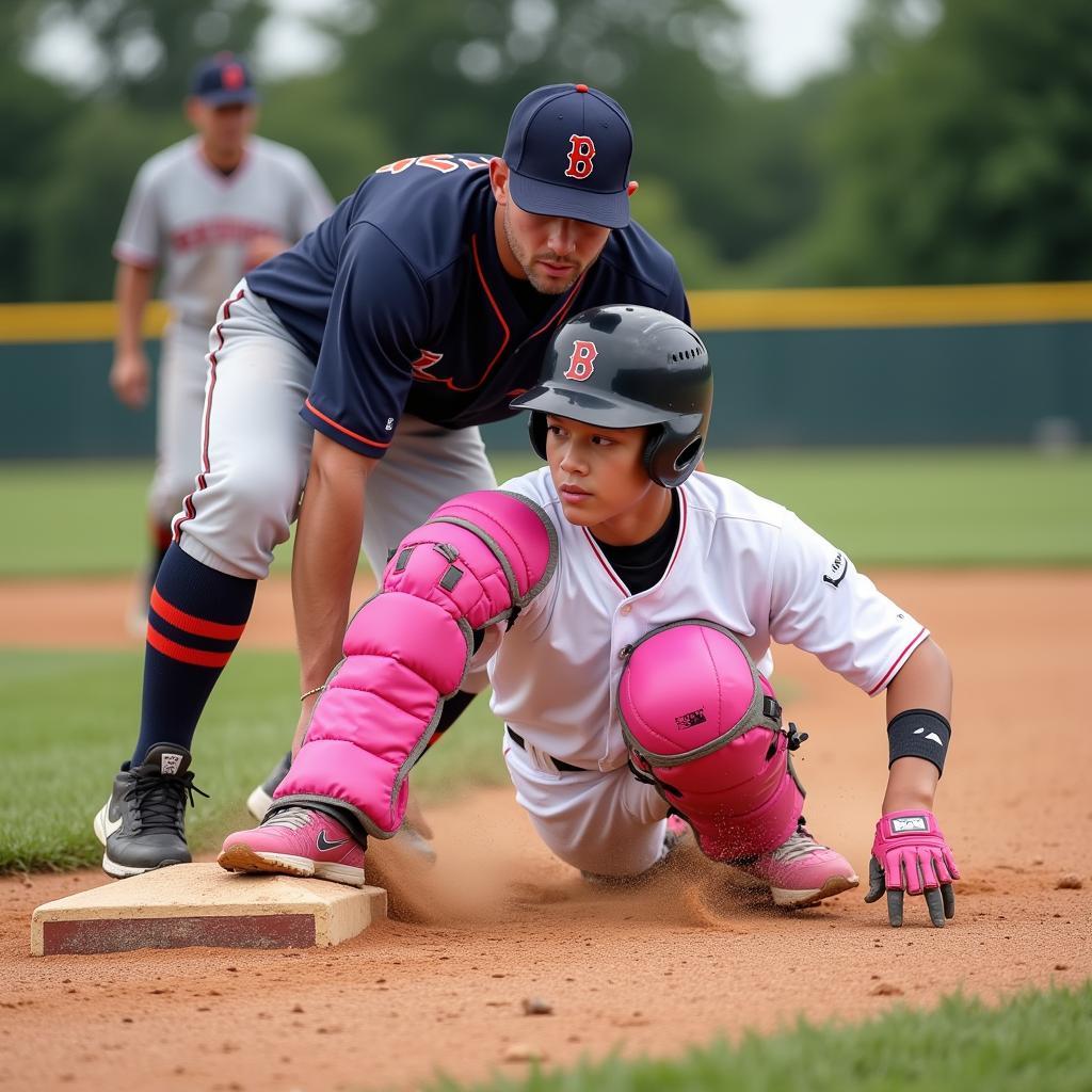 Baseball Player Sliding into Base with Pink Mitt