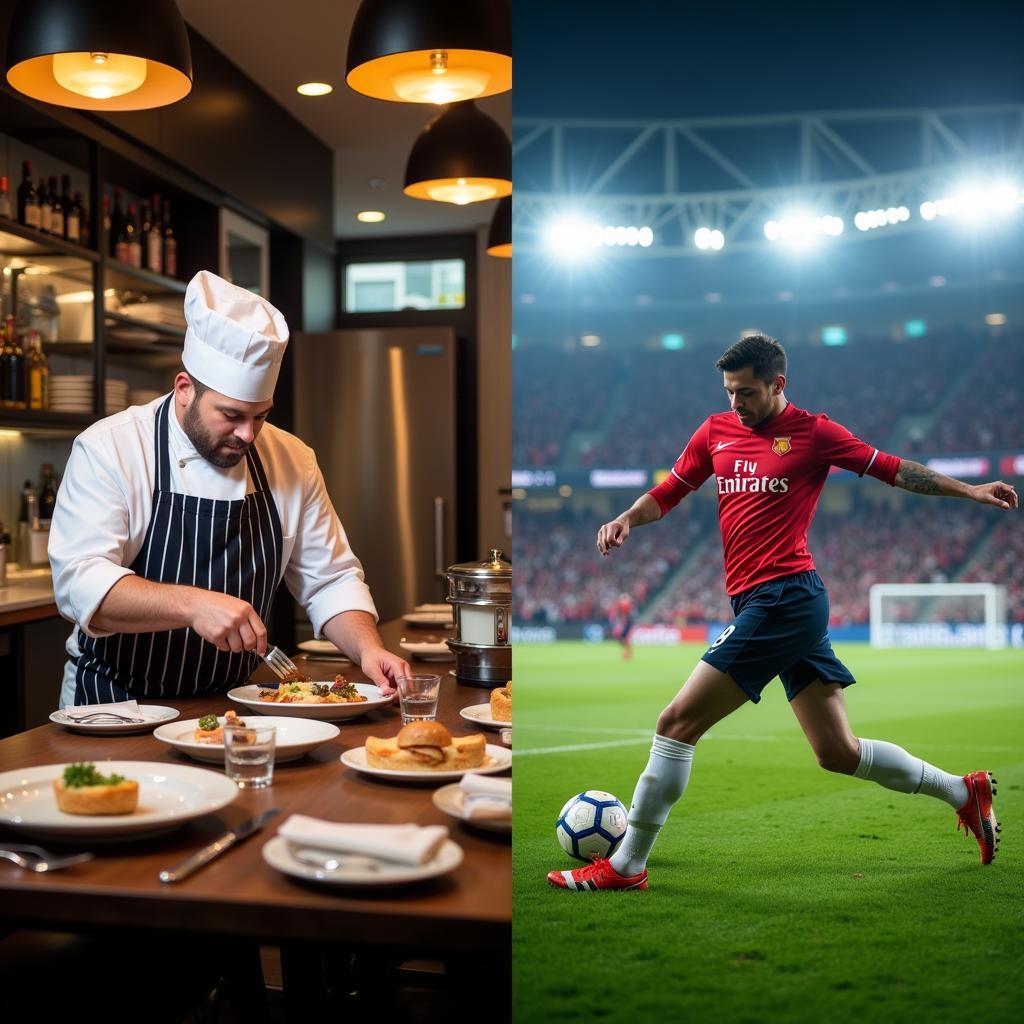 A chef plating a dish under the pressure of a busy kitchen service, juxtaposed with a footballer making a crucial tackle in a packed stadium.