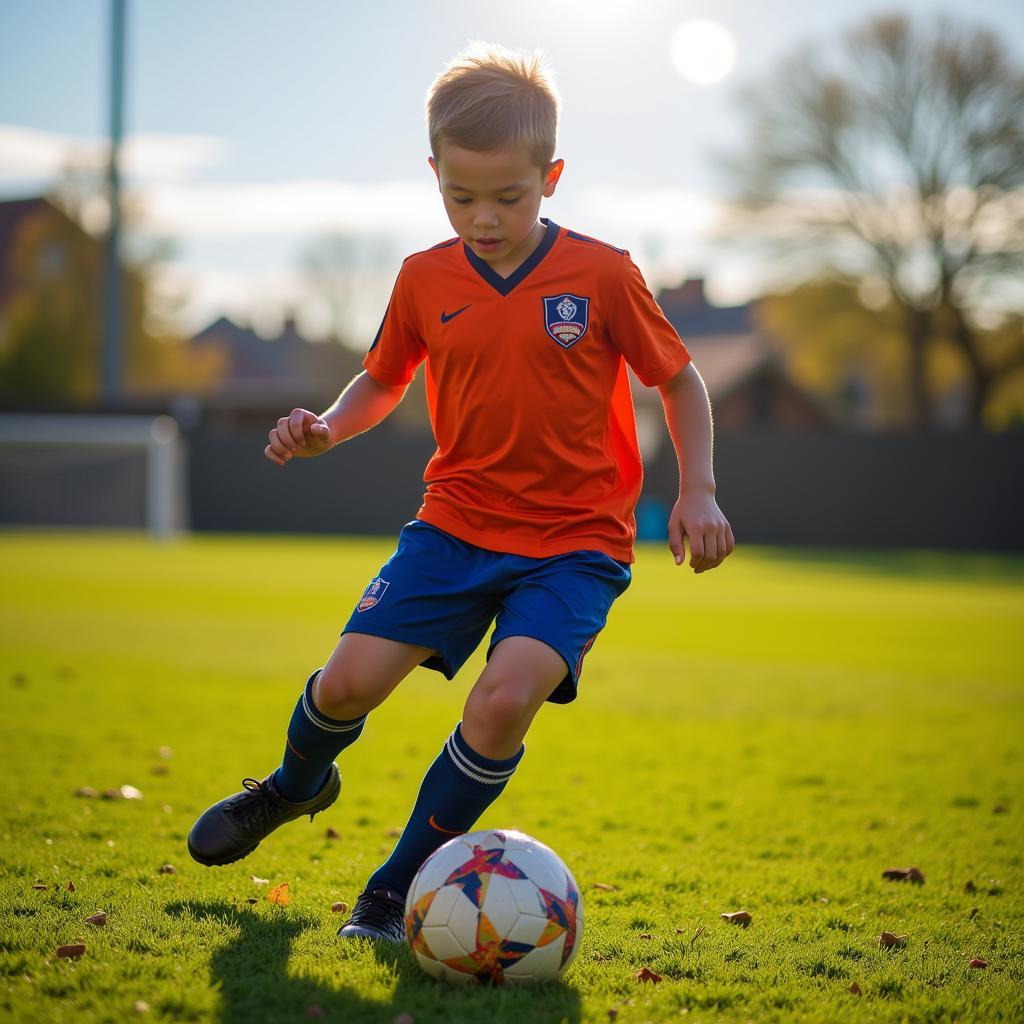 Young football prospect training hard on the football field