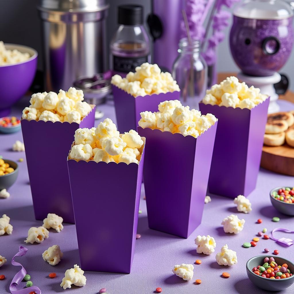 A table laden with purple popcorn bags, party decorations, and movie-themed snacks.