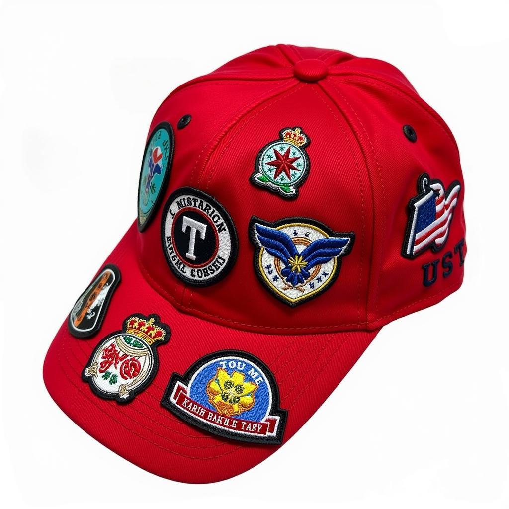 Red fitted hat with custom embroidered patches