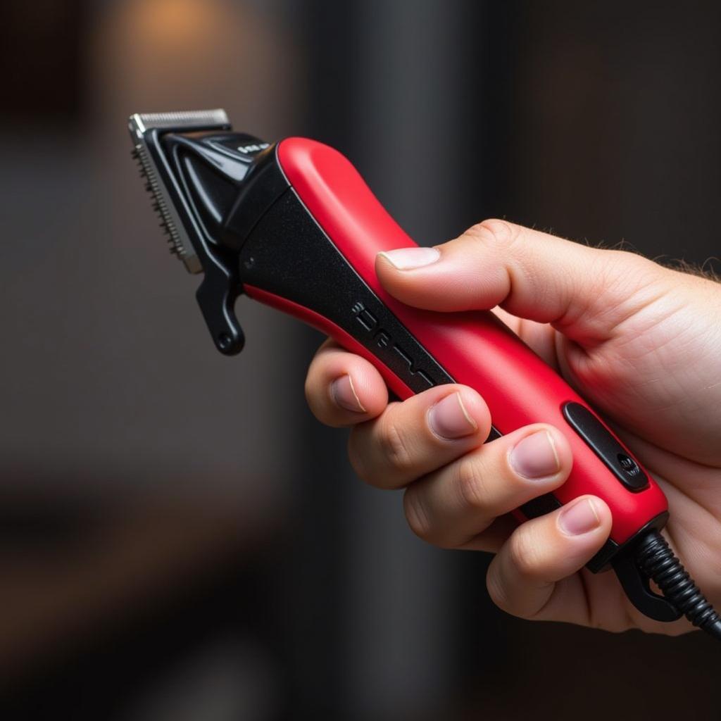 Professional Hand Holding Red Pro Clippers Demonstrating Ergonomic Grip