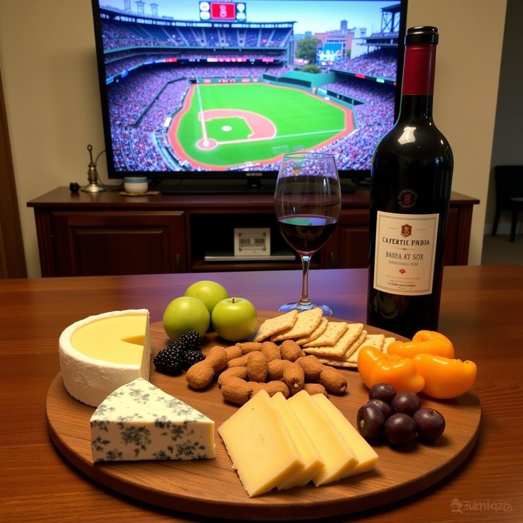 Enjoying wine and cheese while watching the Red Sox