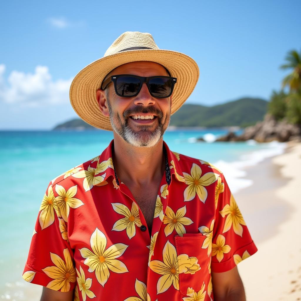 Man wearing a red and yellow Hawaiian shirt on the beach