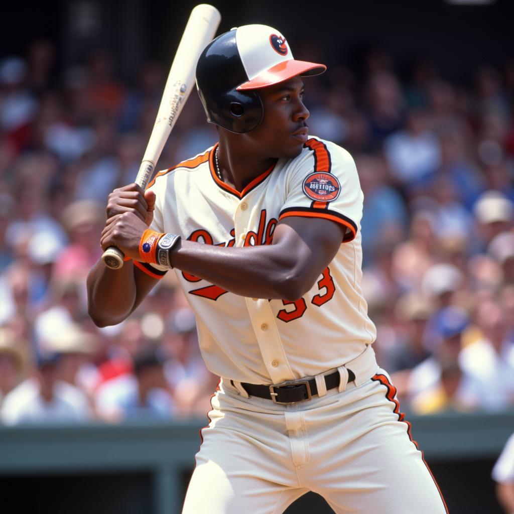 Reggie Jackson swinging in his Orioles jersey