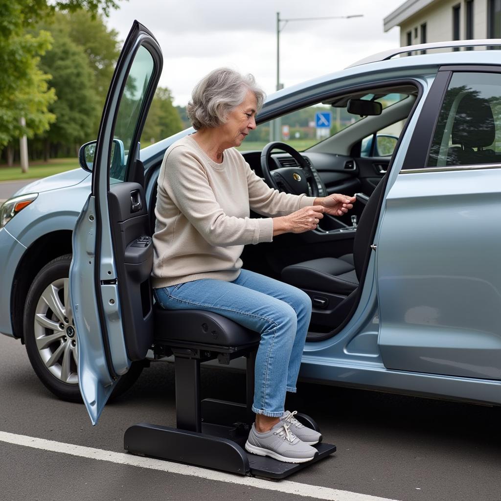 Revolving car seat cushion aiding an elderly driver getting into their car