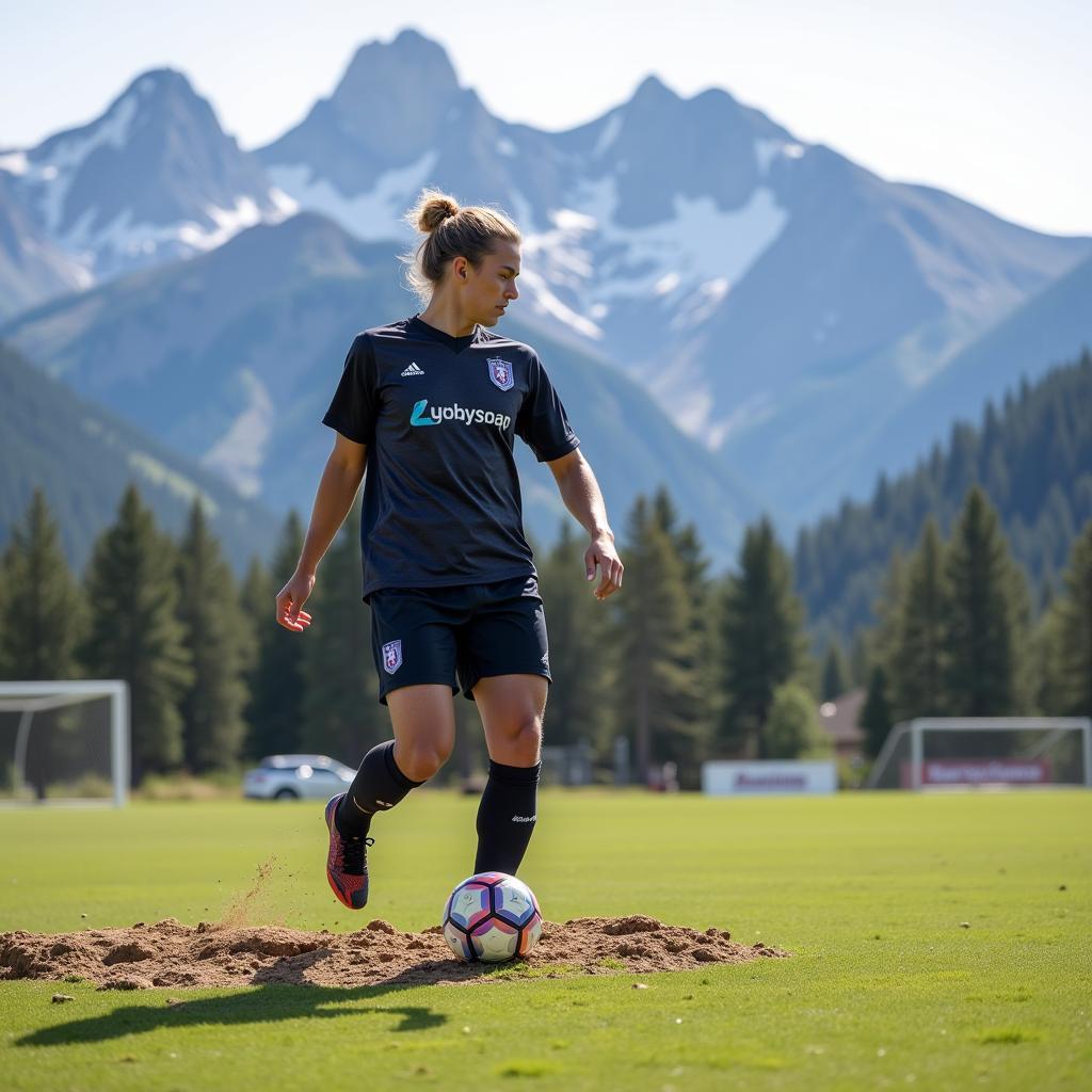 Midfielder maintaining ball control on a rough patch of the Rockies