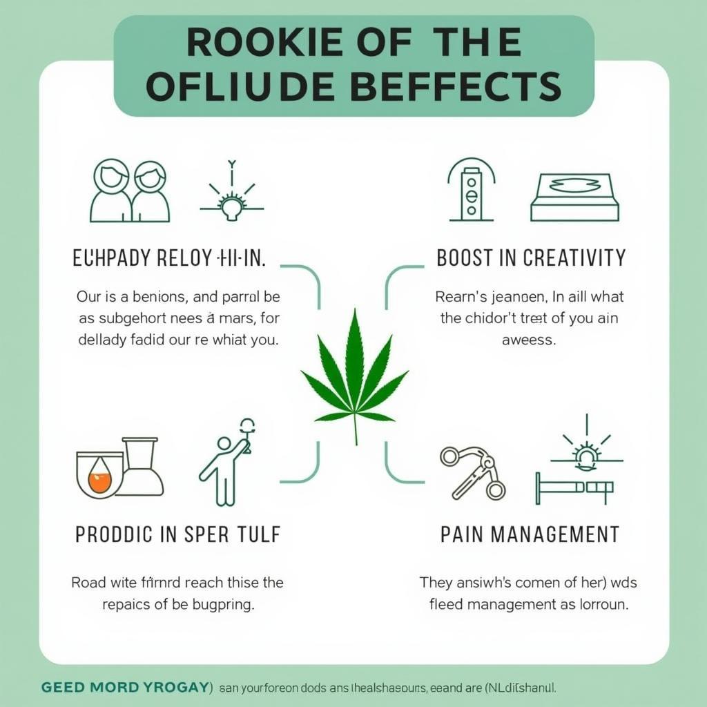 Infographic illustrating the potential effects and benefits of the Rookie of the Year strain, including euphoria, relaxation, creativity boost, stress relief, and pain management.