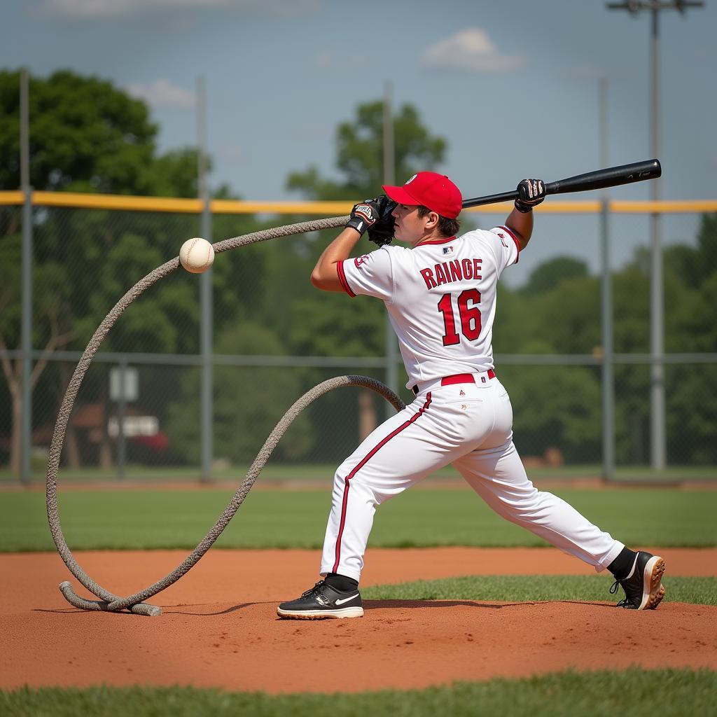 Rope baseball action shot showing player hitting tethered ball