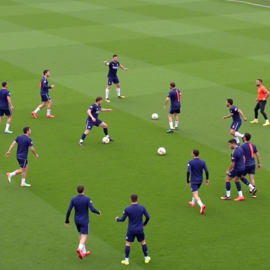 Football players practicing a passing drill, demonstrating the principles of "royal trade" in the sport.